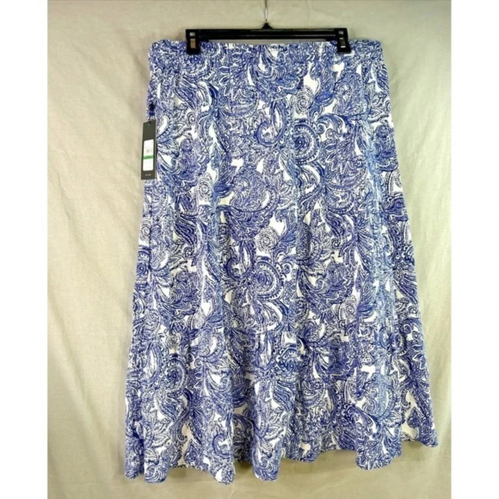 Jones New York Large Blue White Paisley Linen Blend‎ Tiered Midi Skirt